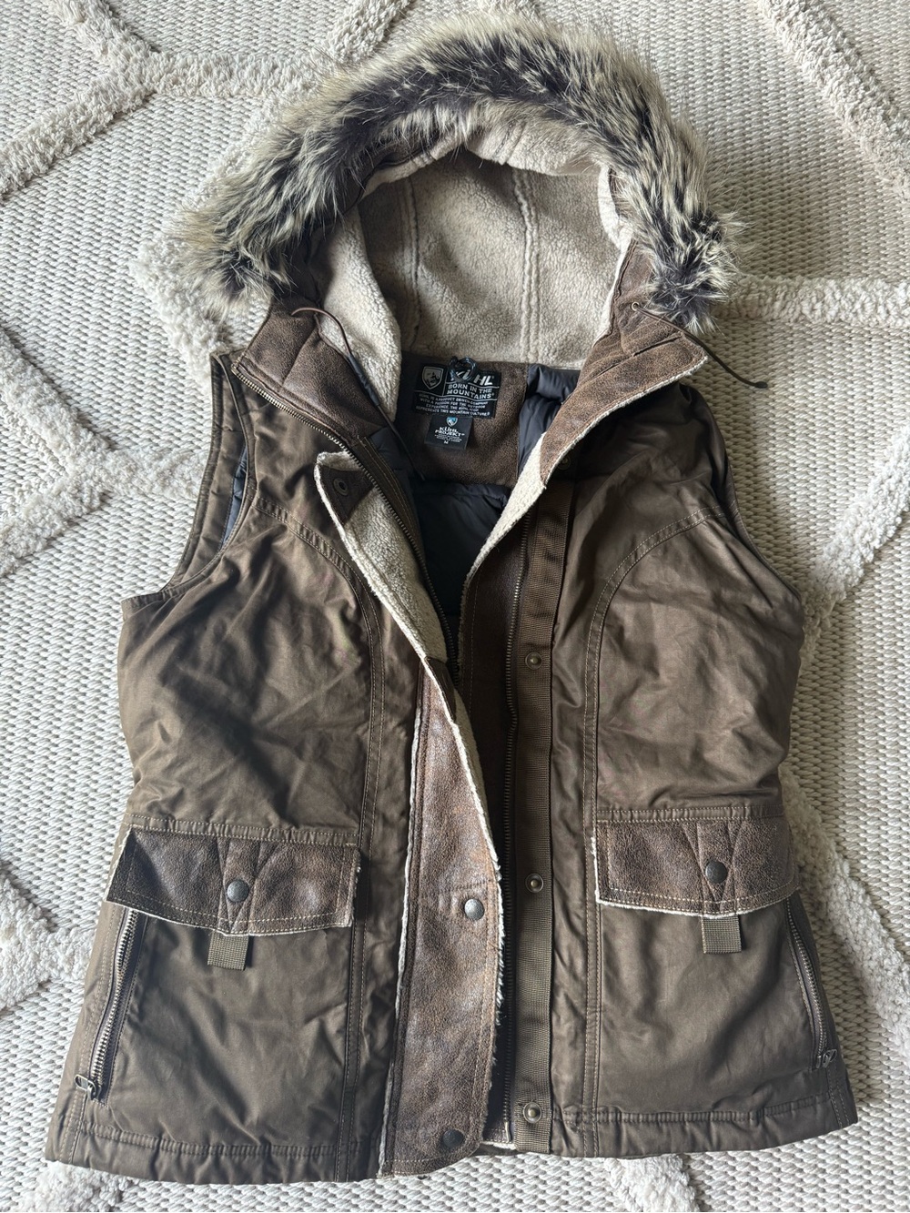 Kuhl Women's Brown Hooded Faux-Fur Trim Utility Vest
